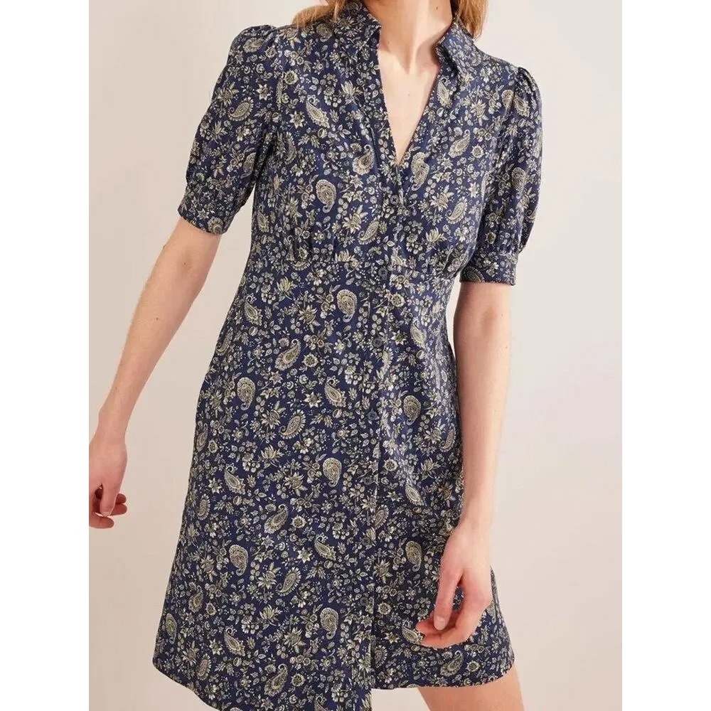 Boden Navy Dandelion Paisley Button Cotton Mini Tea Dress 8